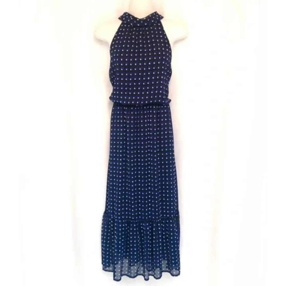 Banana Republic Blue Geo Print Midi Dress Tie Back Ruffle Hem Sleeveless XS